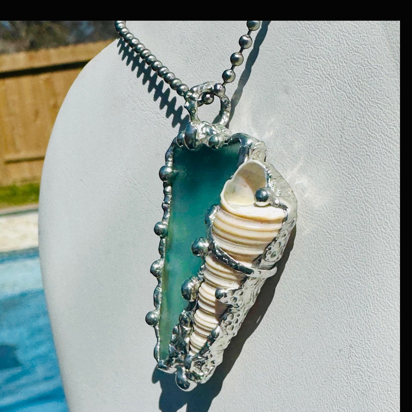 Sea Glass and Conch Pendant Encased with Intricate Silver Blend Boho-Metalwork