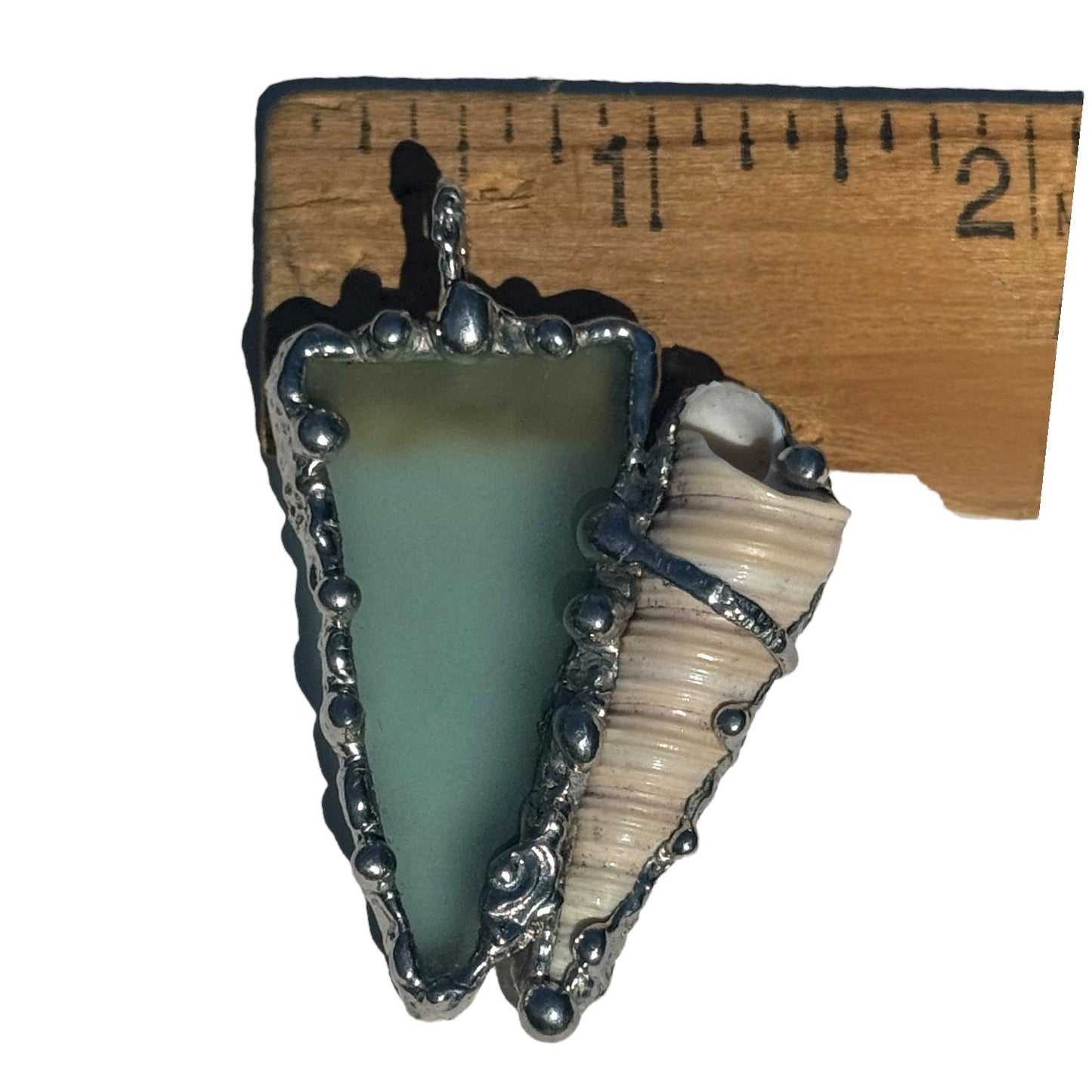 Sea Glass and Conch Pendant Encased with Intricate Silver Blend Boho-Metalwork