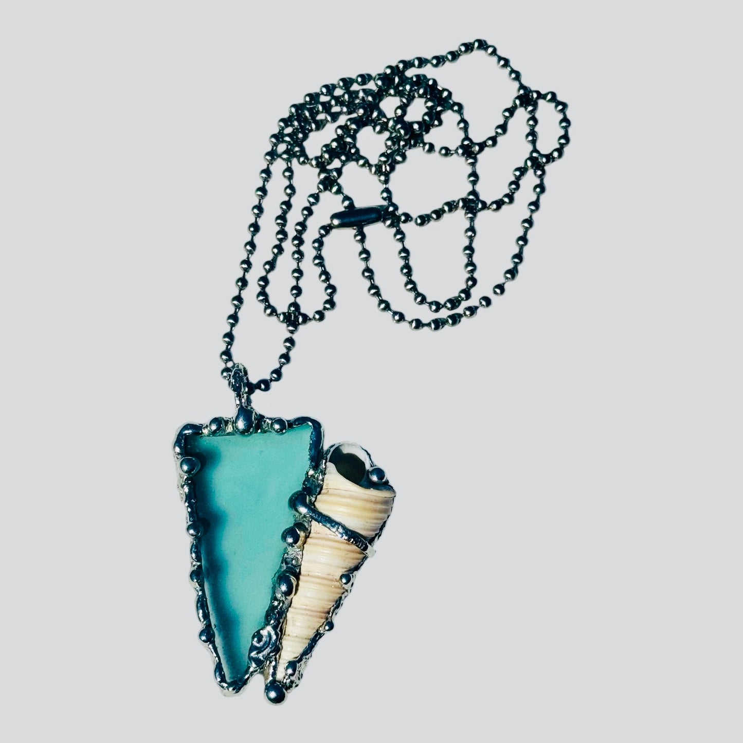 Sea Glass and Conch Pendant Encased with Intricate Silver Blend Boho-Metalwork