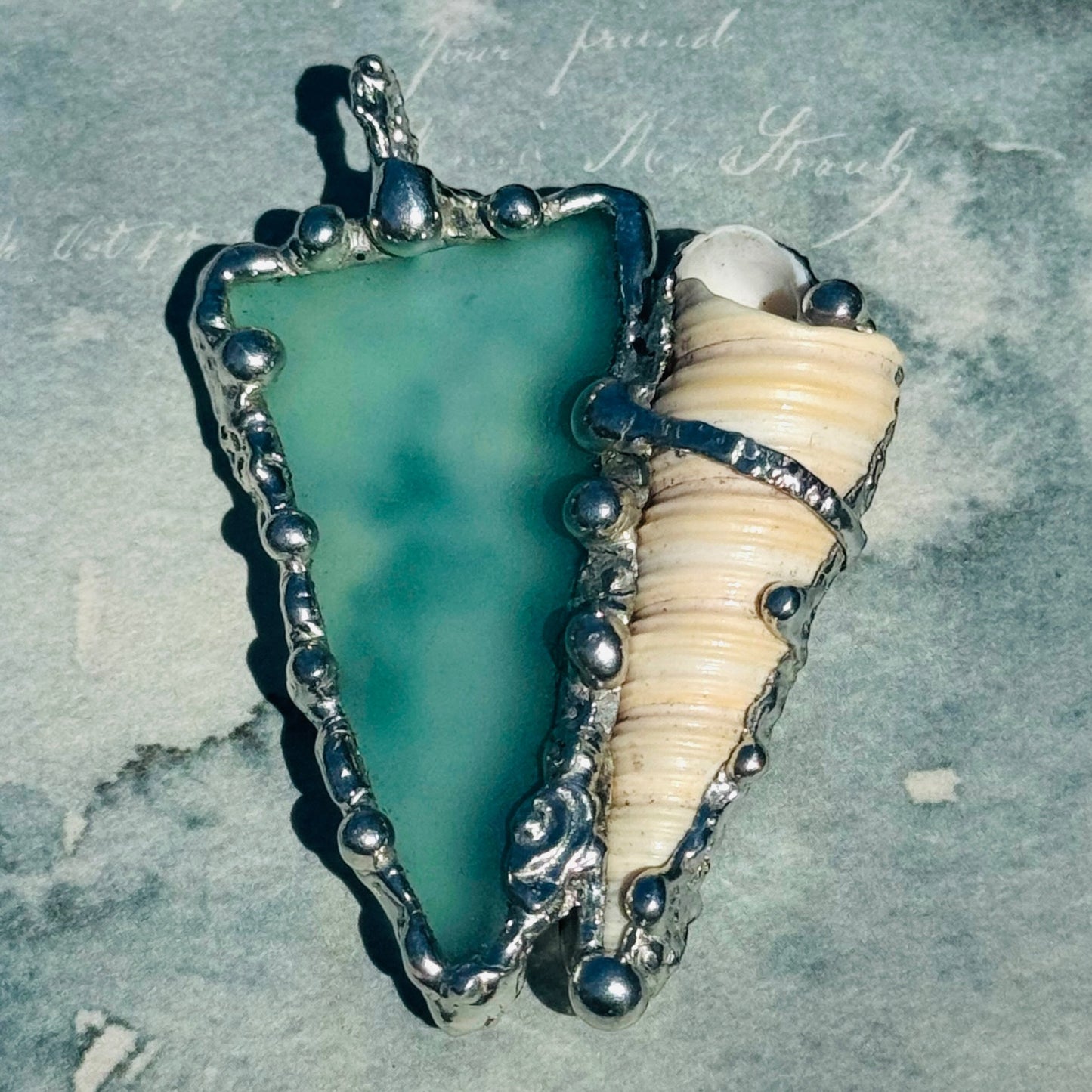 Sea Glass and Conch Pendant Encased with Intricate Silver Blend Boho-Metalwork