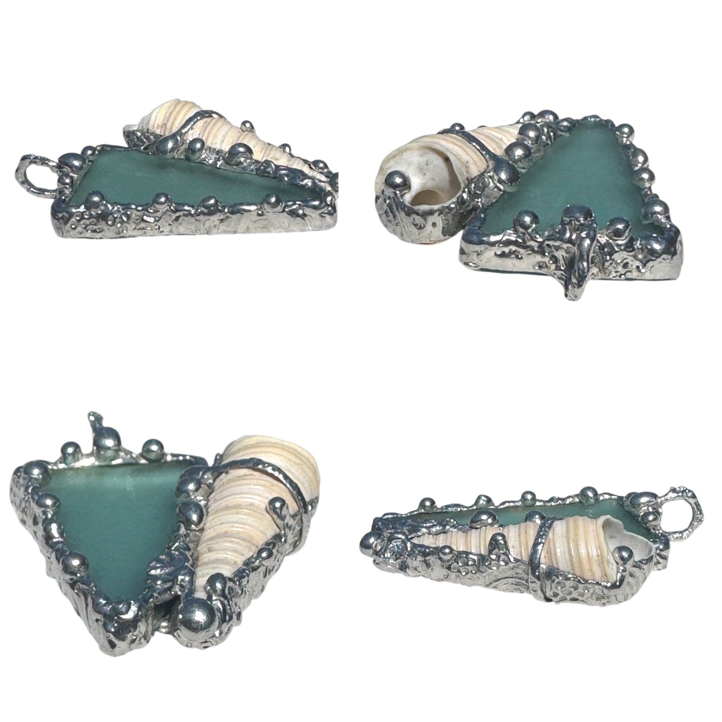 Sea Glass and Conch Pendant Encased with Intricate Silver Blend Boho-Metalwork