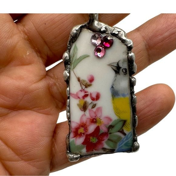 Broken China Pendant Gouldian Finch, Swarovski Crystals With Hand Solder