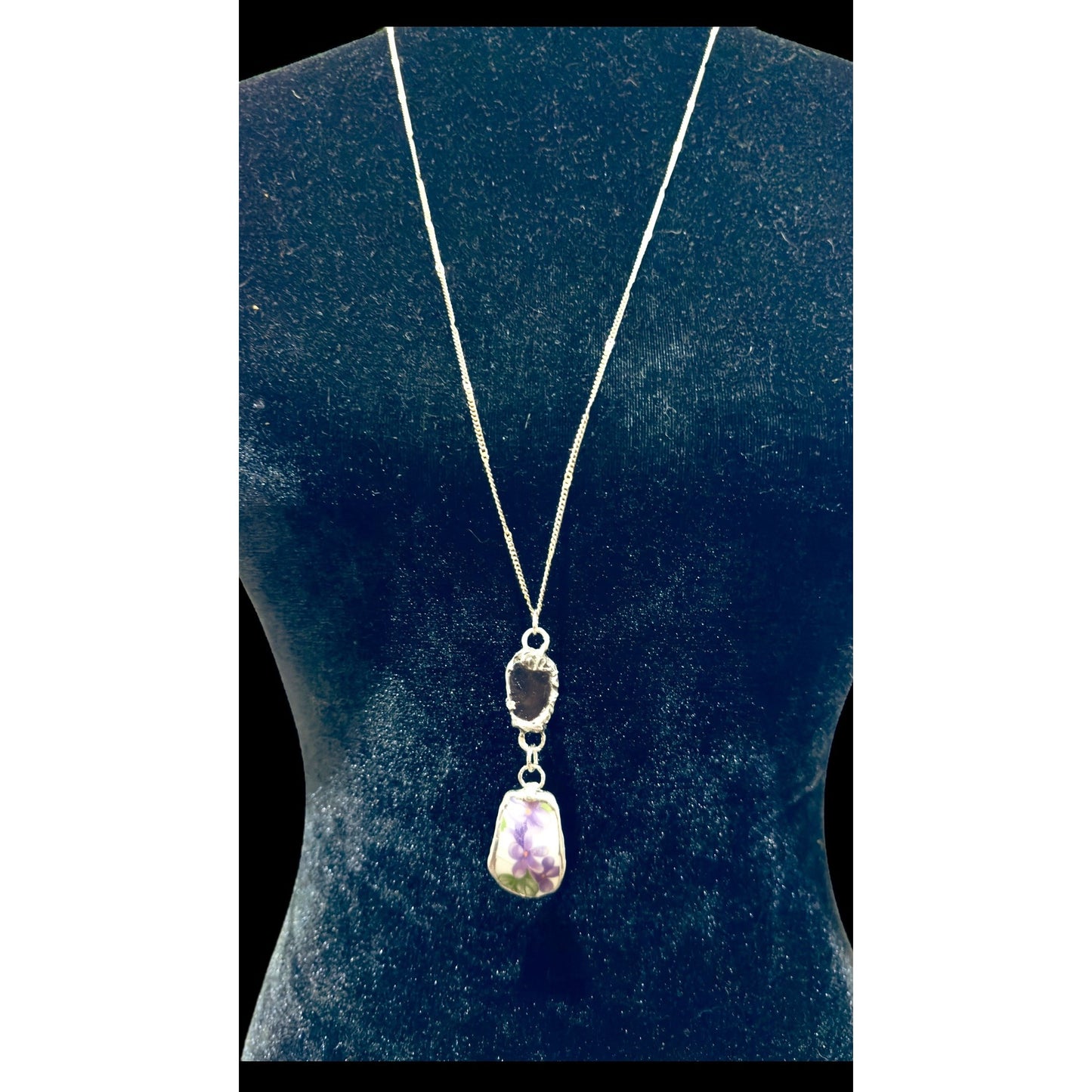 Broken China & Sea Glass Violets Pendant Caged with Silver-Blend