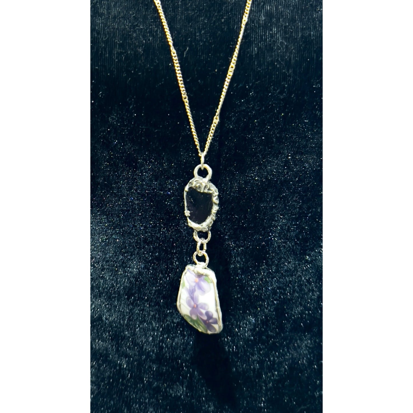 Broken China & Sea Glass Violets Pendant Caged with Silver-Blend