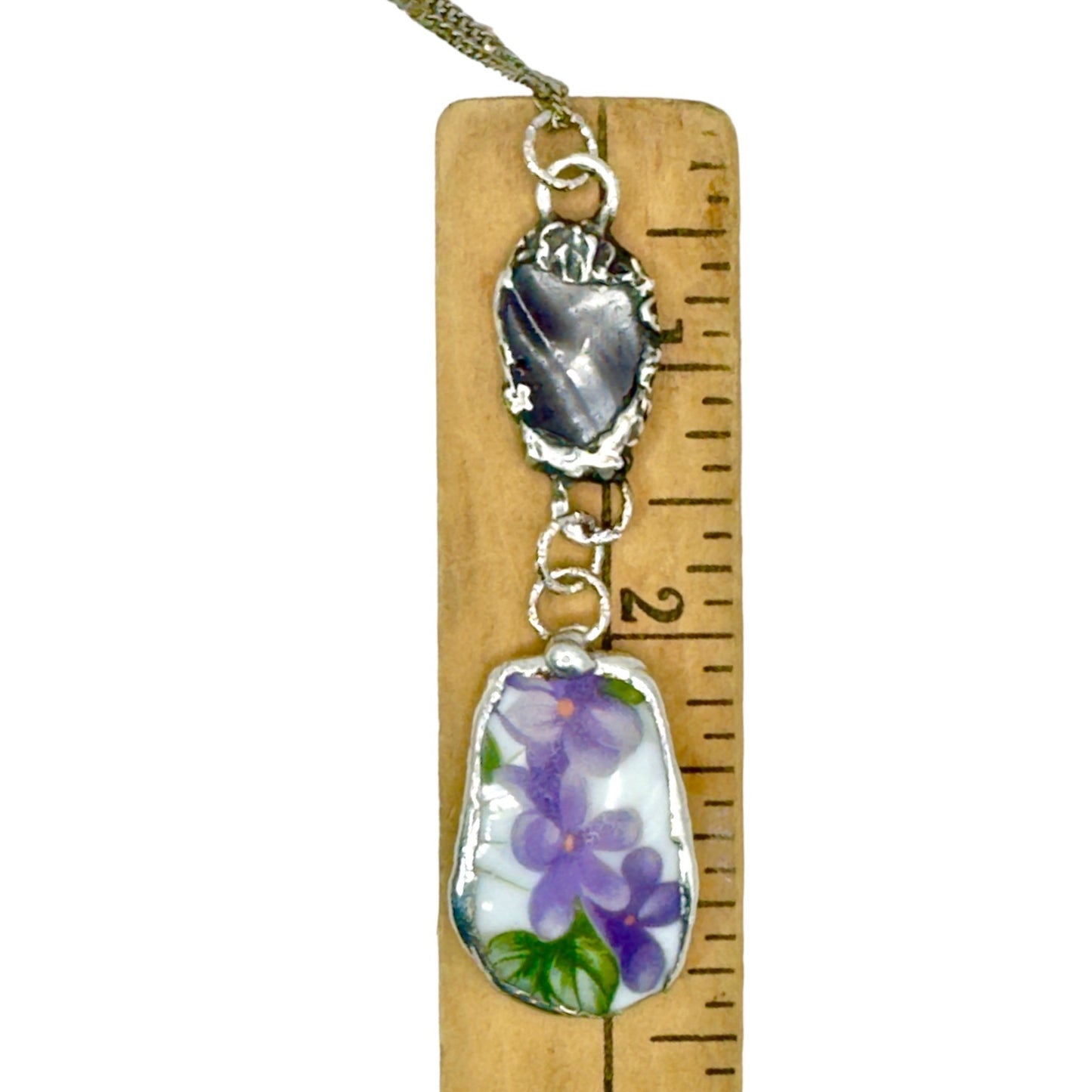 Broken China & Sea Glass Violets Pendant Caged with Silver-Blend