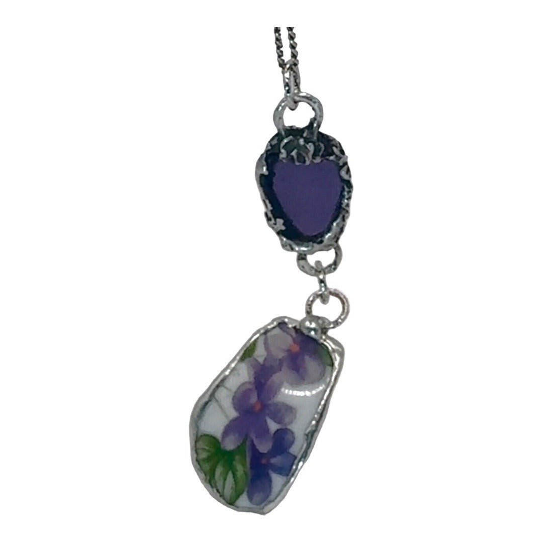 Broken China & Sea Glass Violets Pendant Caged with Silver-Blend