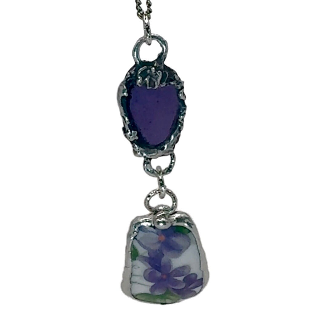 Broken China & Sea Glass Violets Pendant Caged with Silver-Blend