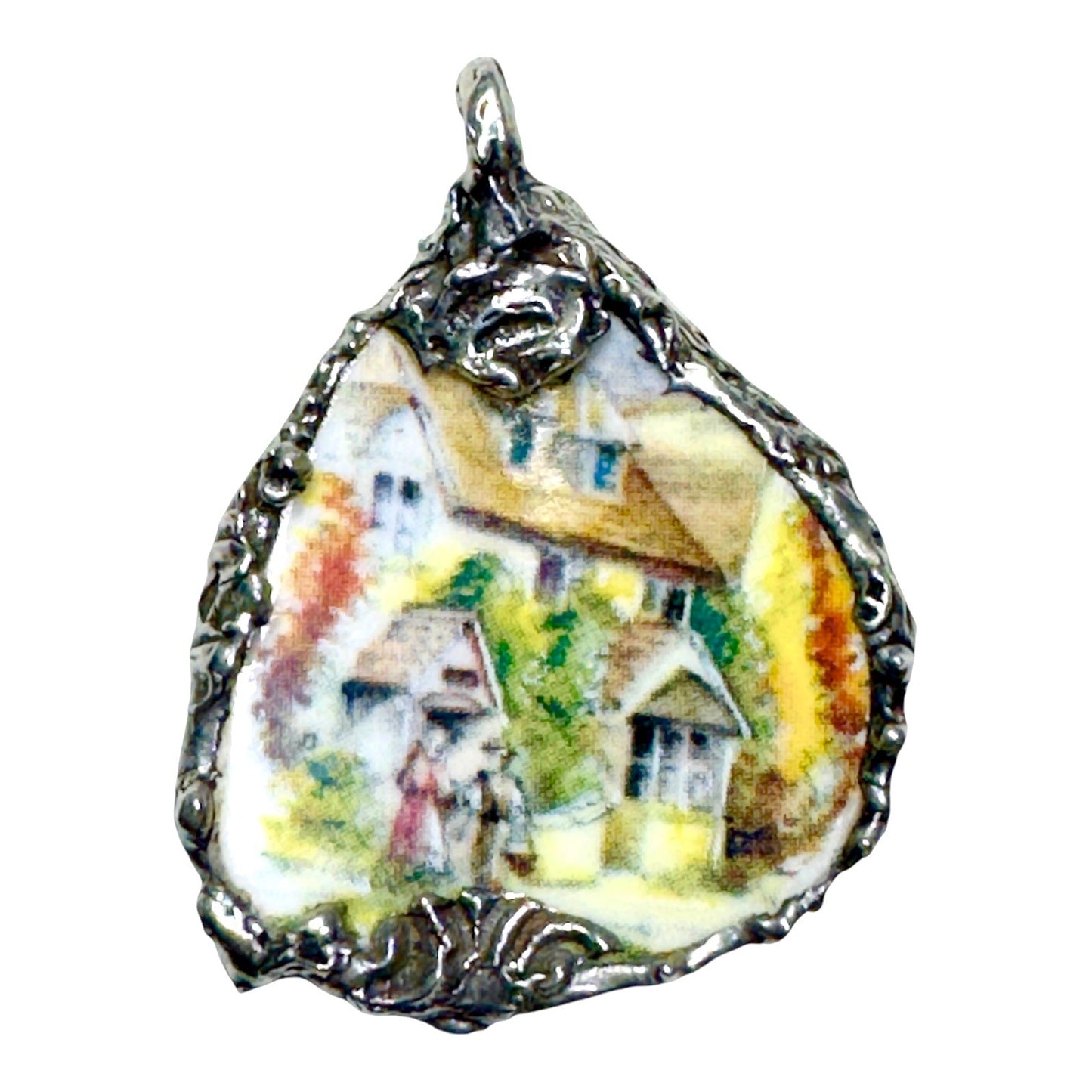 Artisan Necklace Featuring Royal Stuart Broken China Encased in Silver Blend Metalwork