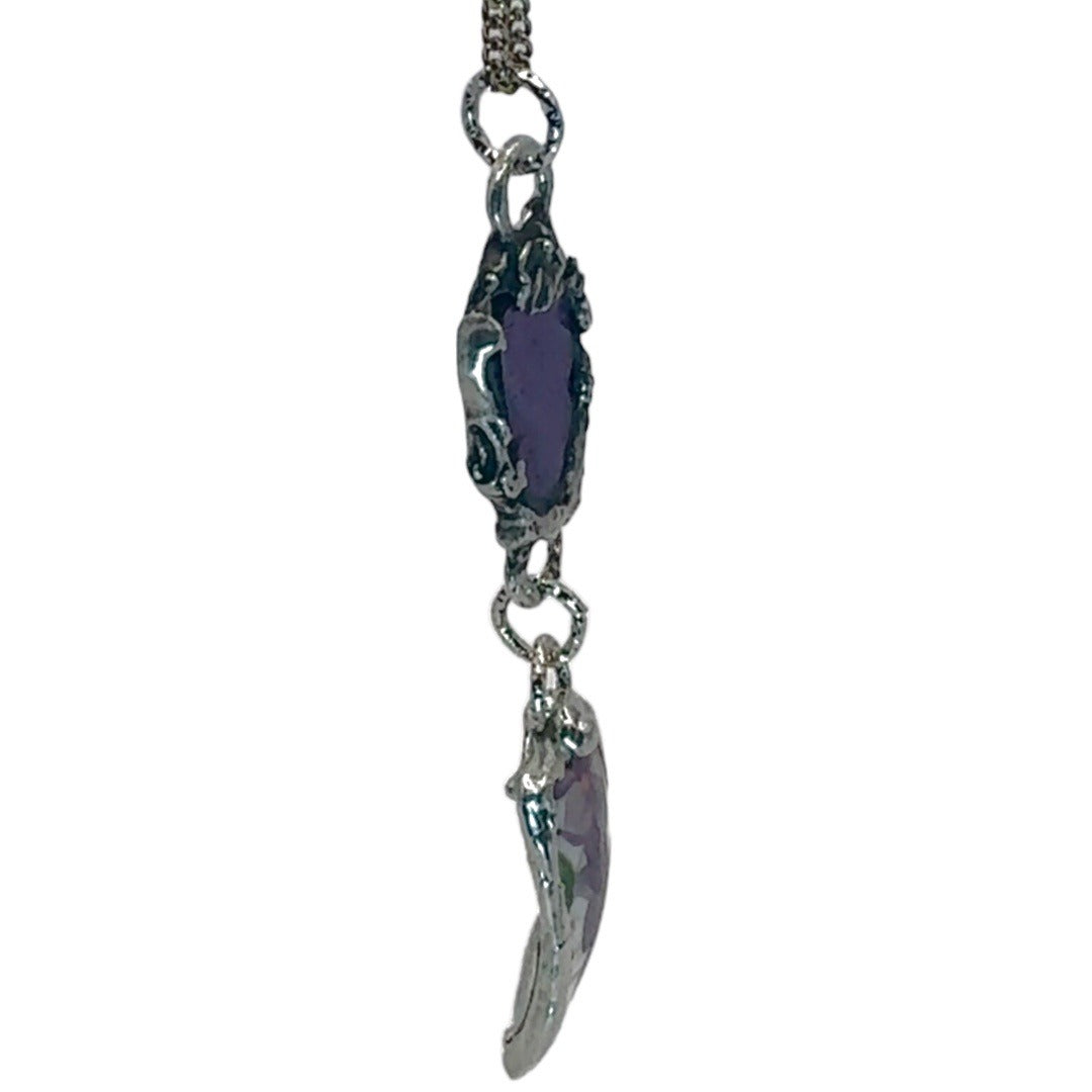 Broken China & Sea Glass Violets Pendant Caged with Silver-Blend