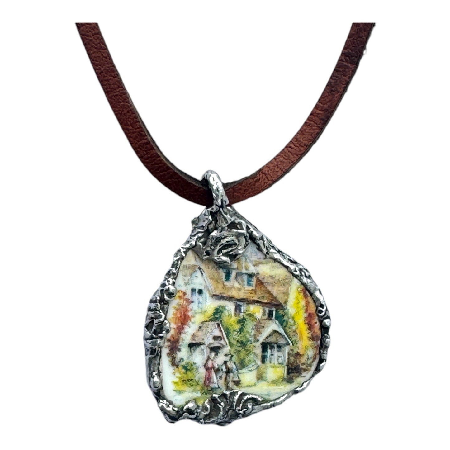 Artisan Necklace Featuring Royal Stuart Broken China Encased in Silver Blend Metalwork