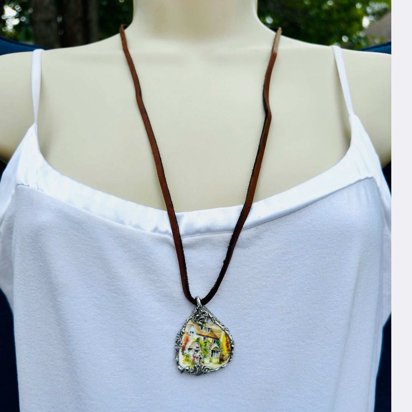 Artisan Necklace Featuring Royal Stuart Broken China Encased in Silver Blend Metalwork