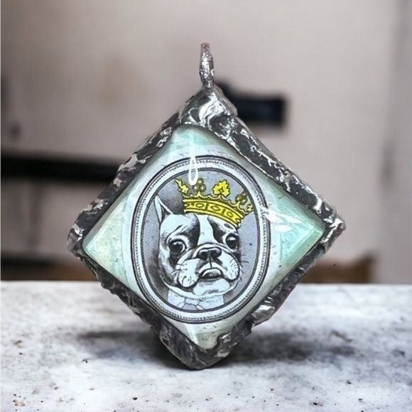 French Bulldog Tiny Pendant Decoupaged Glass & Boho Metalwork “I am the King”