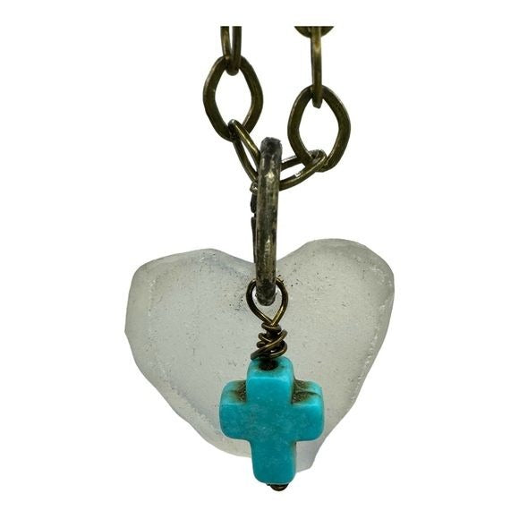 Concave Sea Glass Heart Pendant with Turquoise Cross Charm Artisan Crafted