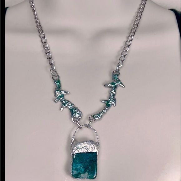 Natural Free Form Moss Agate Pendant & Brutalist Silver-Blend Metalwork Thorn Necklace