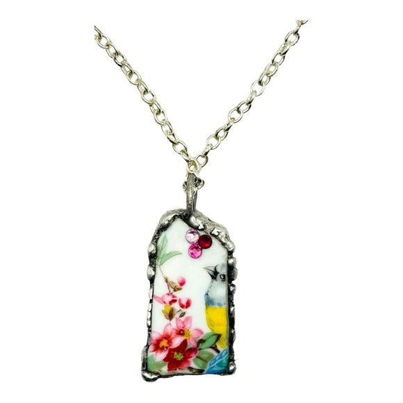 Broken China Pendant Gouldian Finch, Swarovski Crystals With Hand Solder