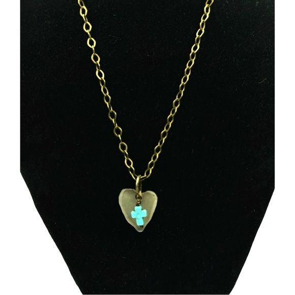 Concave Sea Glass Heart Pendant with Turquoise Cross Charm Artisan Crafted