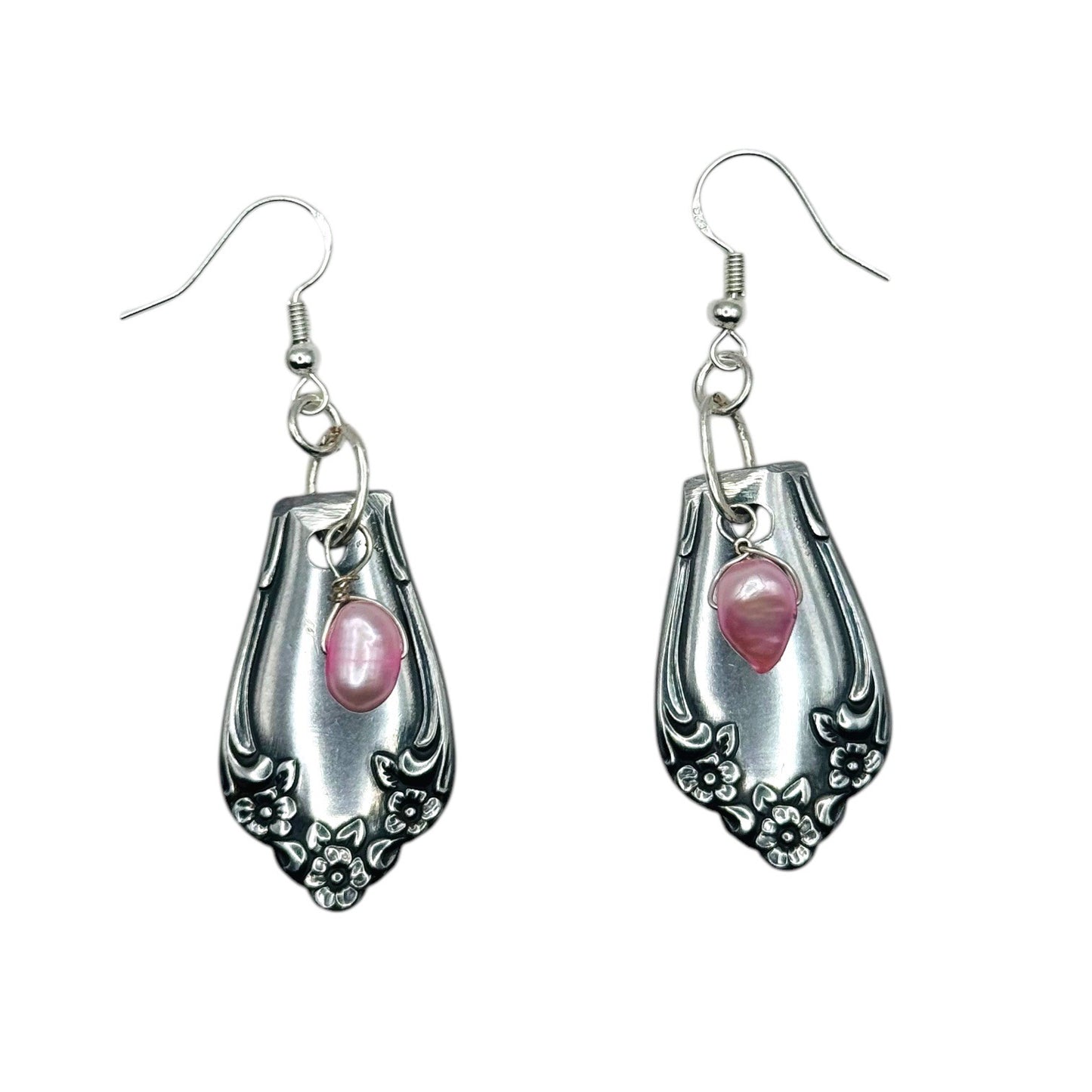 Handcrafted Spoon Earrings With Pink Freshwater Pearls & 925 Silver Hooks