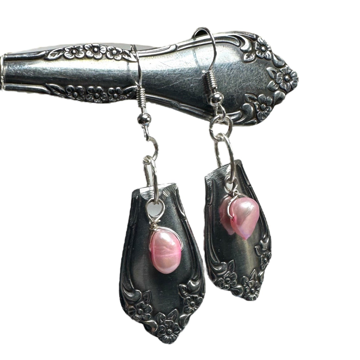 Handcrafted Spoon Earrings With Pink Freshwater Pearls & 925 Silver Hooks