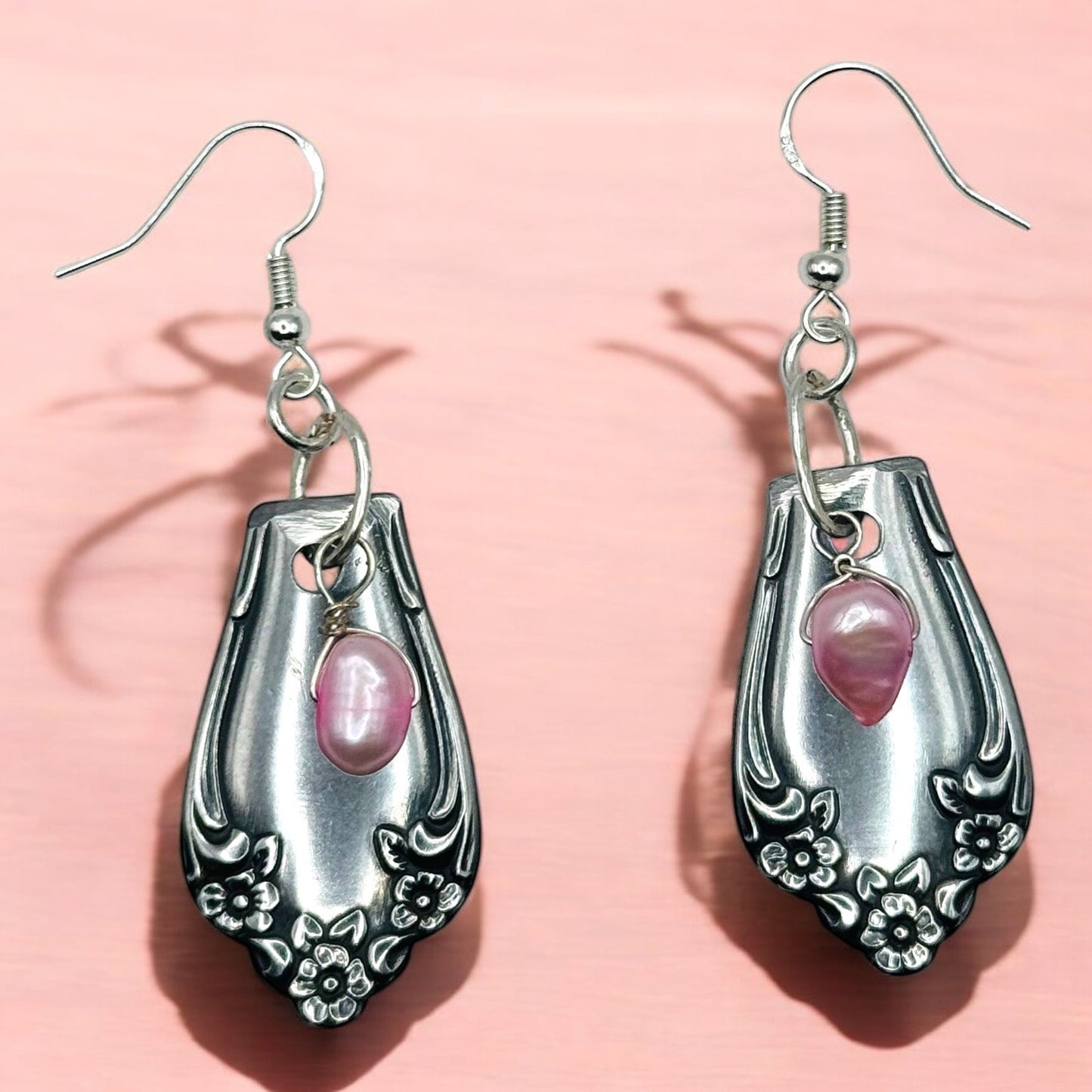 Handcrafted Spoon Earrings With Pink Freshwater Pearls & 925 Silver Hooks