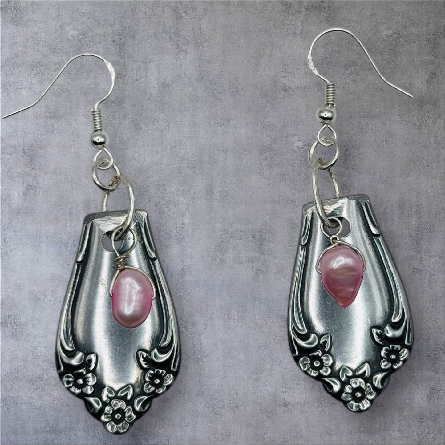 Handcrafted Spoon Earrings With Pink Freshwater Pearls & 925 Silver Hooks