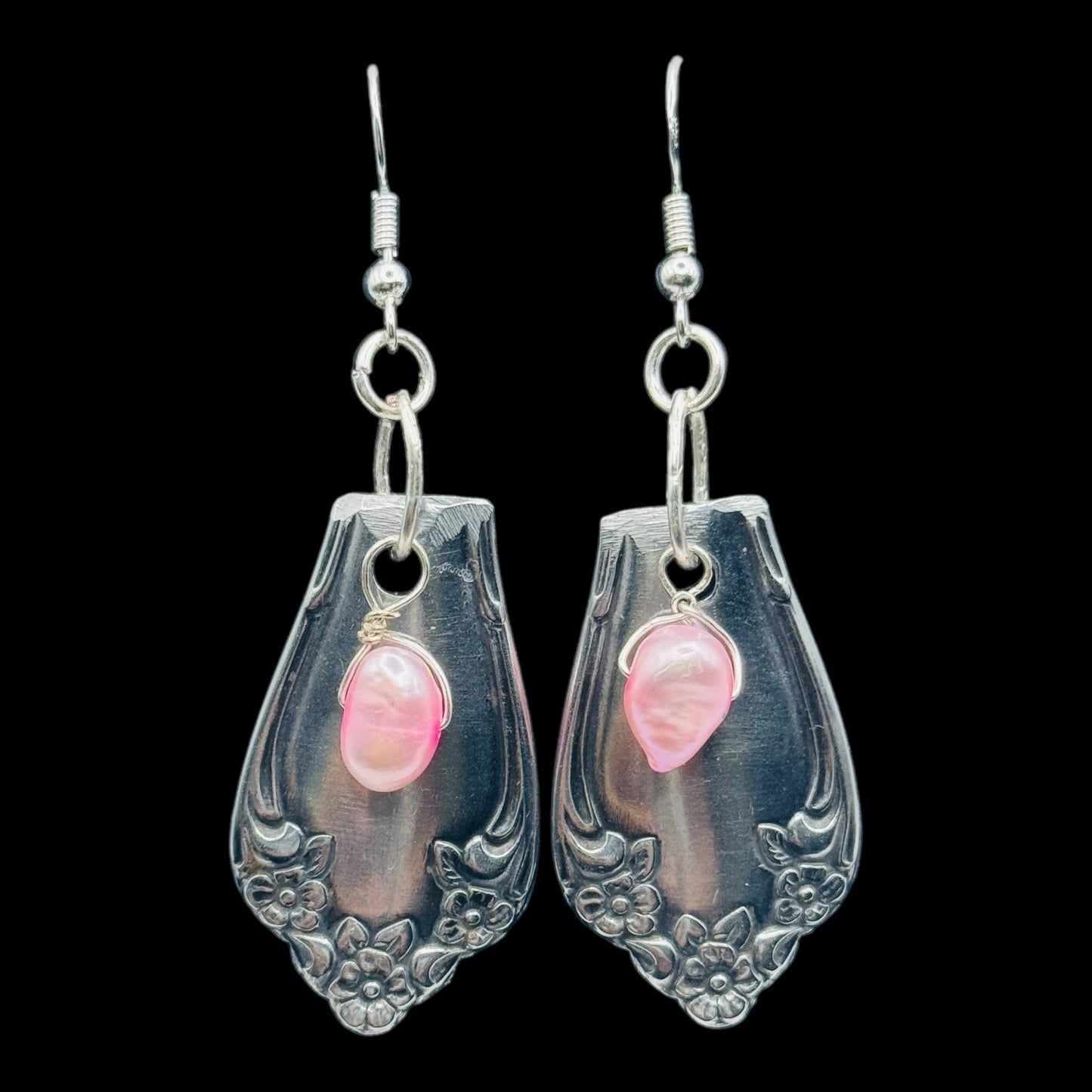 Handcrafted Spoon Earrings With Pink Freshwater Pearls & 925 Silver Hooks