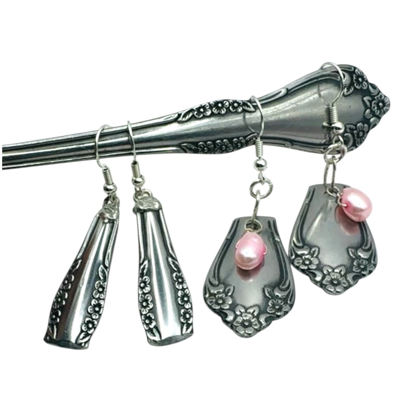 Handcrafted Spoon Earrings With Pink Freshwater Pearls & 925 Silver Hooks