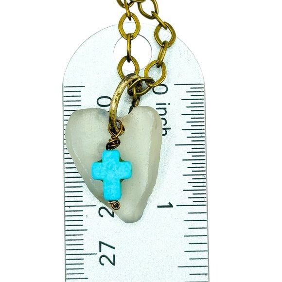 Concave Sea Glass Heart Pendant with Turquoise Cross Charm Artisan Crafted