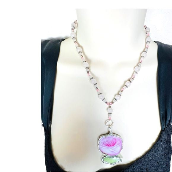 Broken China & Sea Glass Rose Pendant and a Pink Quartz Vintage Necklace