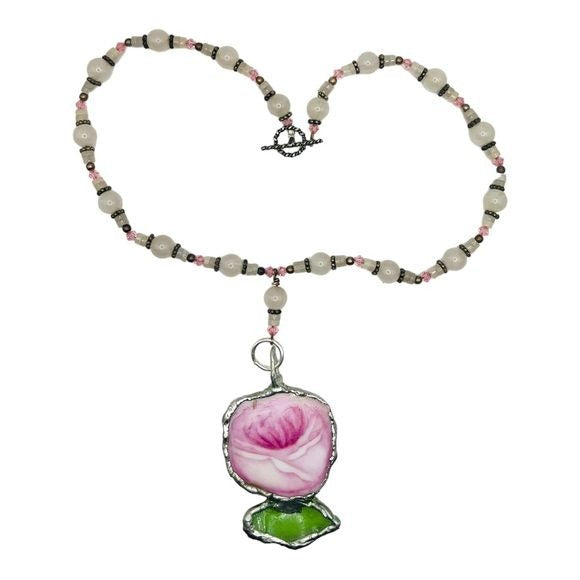 Broken China & Sea Glass Rose Pendant and a Pink Quartz Vintage Necklace