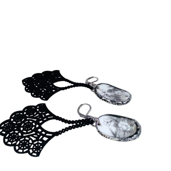 Broken China Filigree Earrings With Artisan Silverware