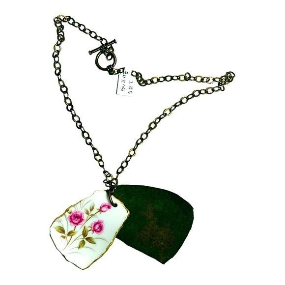 Broken China Leather Necklace Artisan Crafted From a Tea Rose Pattern Teacup