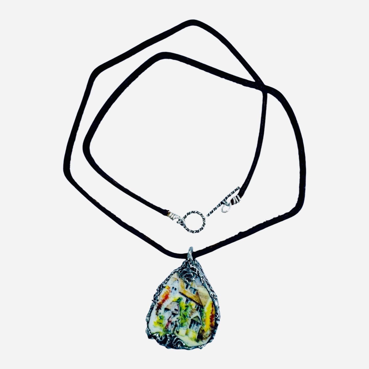 Artisan Necklace Featuring Royal Stuart Broken China Encased in Silver Blend Metalwork