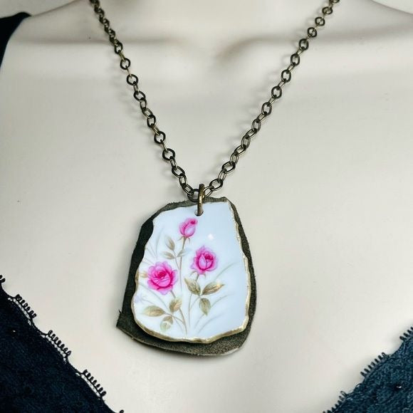Broken China Leather Necklace Artisan Crafted From a Tea Rose Pattern Teacup
