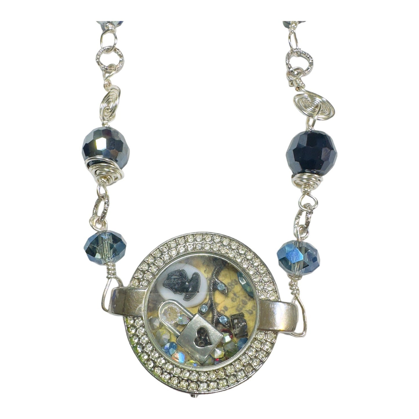 Floating Memory Pendant Reworked Watch Shell, Cameo & Swarovski Crystal Necklace