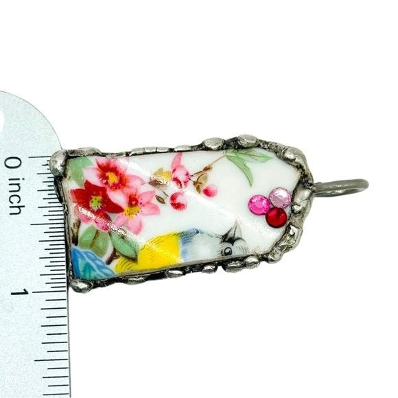 Broken China Pendant Gouldian Finch, Swarovski Crystals With Hand Solder