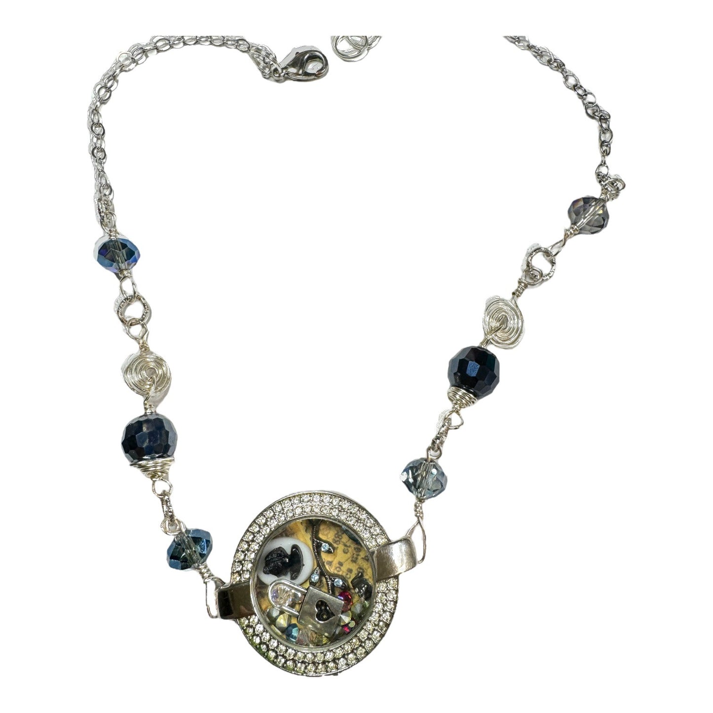 Floating Memory Pendant Reworked Watch Shell, Cameo & Swarovski Crystal Necklace