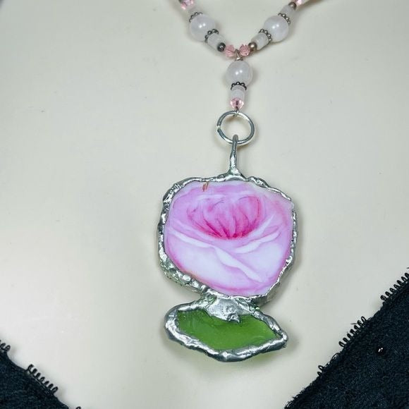 Broken China & Sea Glass Rose Pendant and a Pink Quartz Vintage Necklace