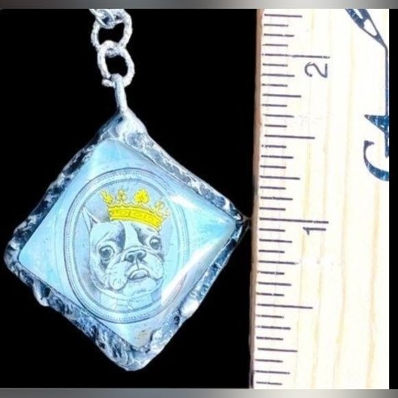 French Bulldog Tiny Pendant Decoupaged Glass & Boho Metalwork “I am the King”