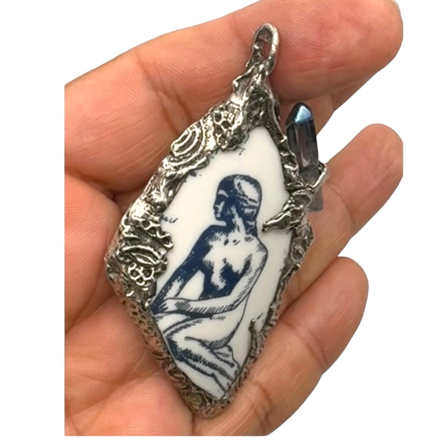 Mermaid Denmark Broken China & Blue Quartz Statement Pendant W/ Silver Blend Bezel