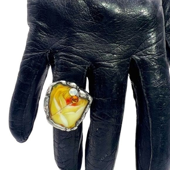 Yellow Rose Broken China Ring Artisan Crafted & Swarovski Crystals Size 7