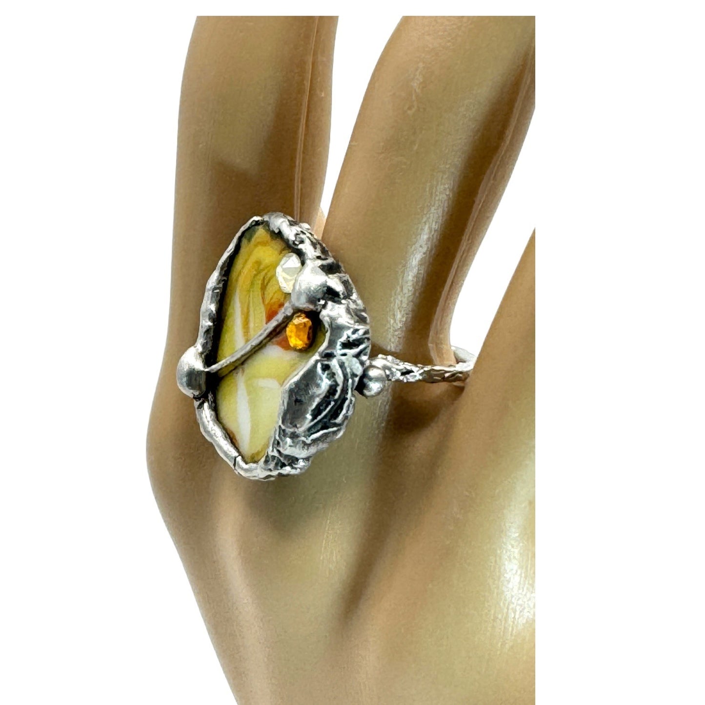 Antique Bavaria Yellow Rose Broken China Ring in Silver-Blend Boho Metalwork