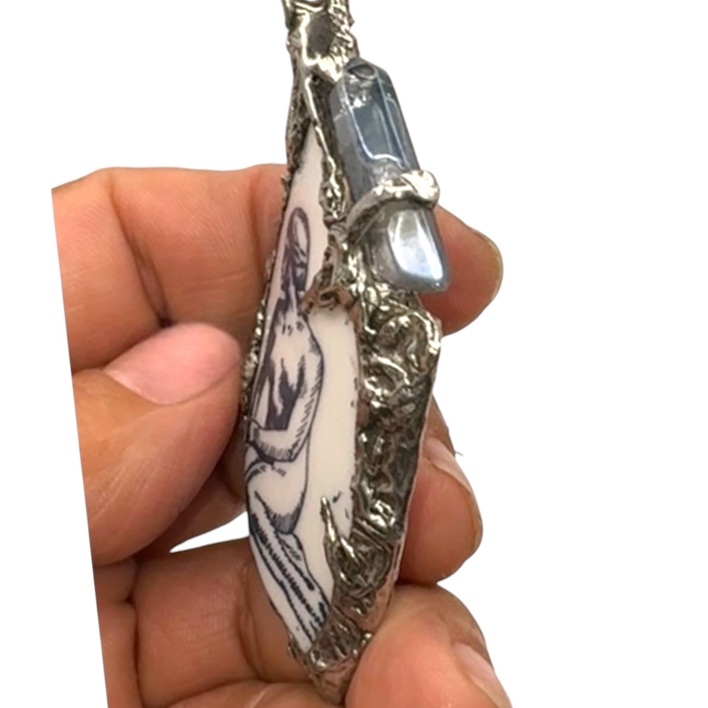 Mermaid Denmark Broken China & Blue Quartz Statement Pendant W/ Silver Blend Bezel