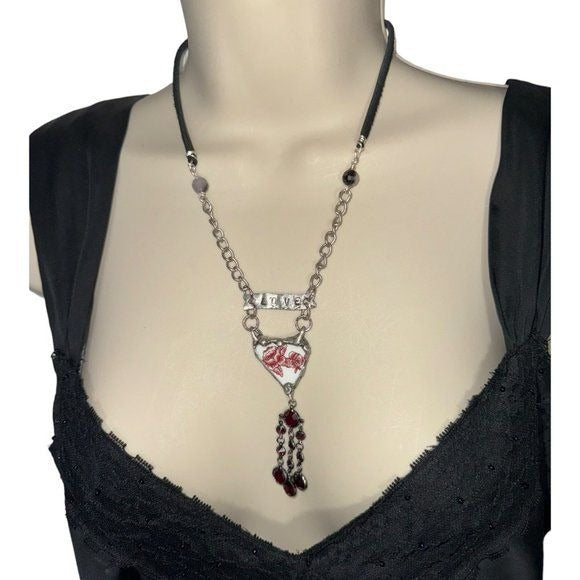 Broken China Heart Pendant W/ VNTG Garnet Tassel, Artisan Metalwork & Leather