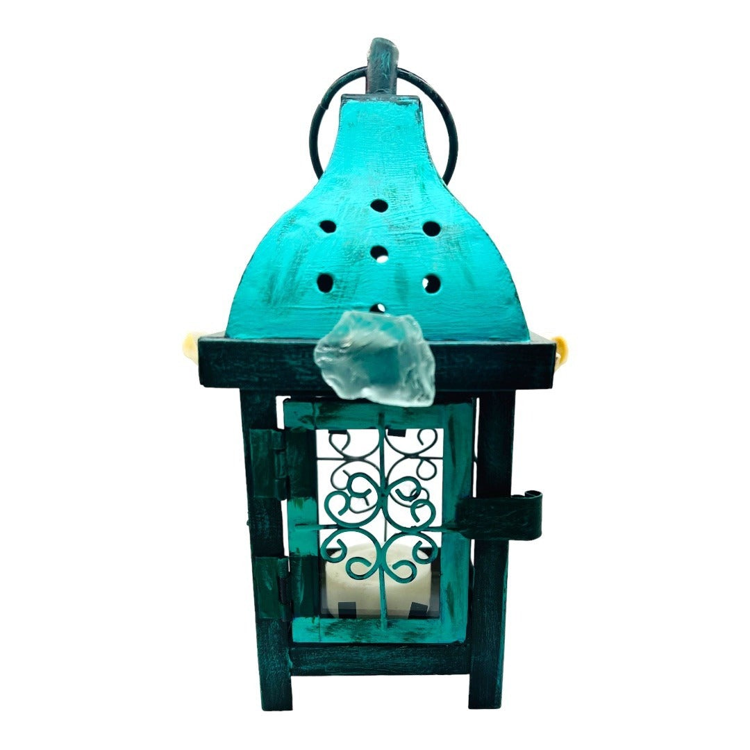 Upcycled Metal Lantern with Sea Glass & Conch, Hand-Painted