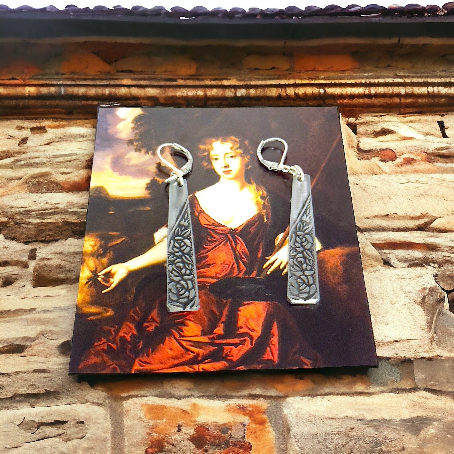 Stainless Steel Spoon Dangle Earrings Antique Roses