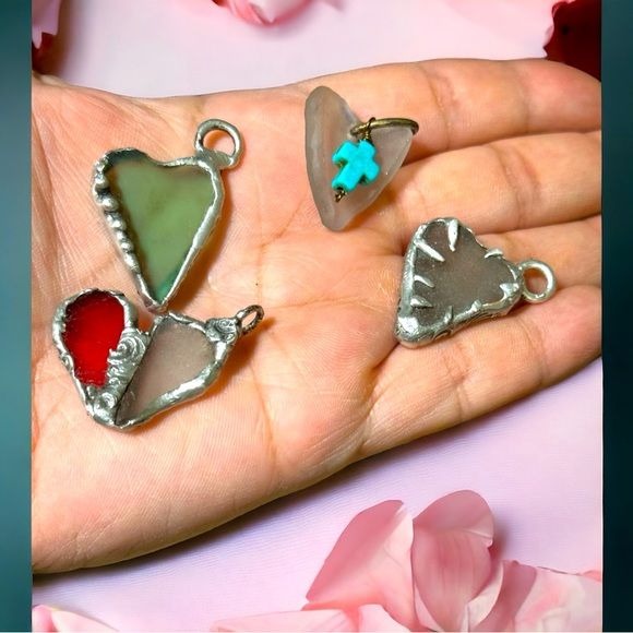 Concave Sea Glass Heart Pendant with Turquoise Cross Charm Artisan Crafted