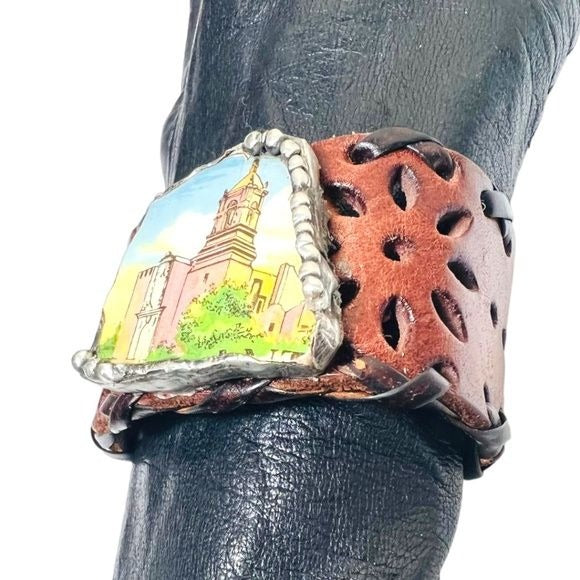 San Antonio Broken China Cuff Bracelet with Vintage Artisan Leather