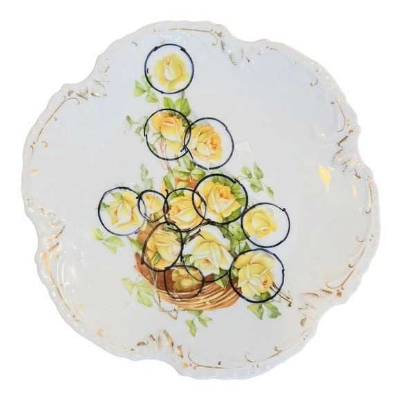 Antique Bavaria Yellow Rose Broken China Ring in Silver-Blend Boho Metalwork