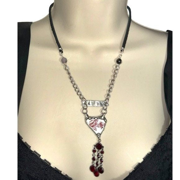 Broken China Heart Pendant W/ VNTG Garnet Tassel, Artisan Metalwork & Leather