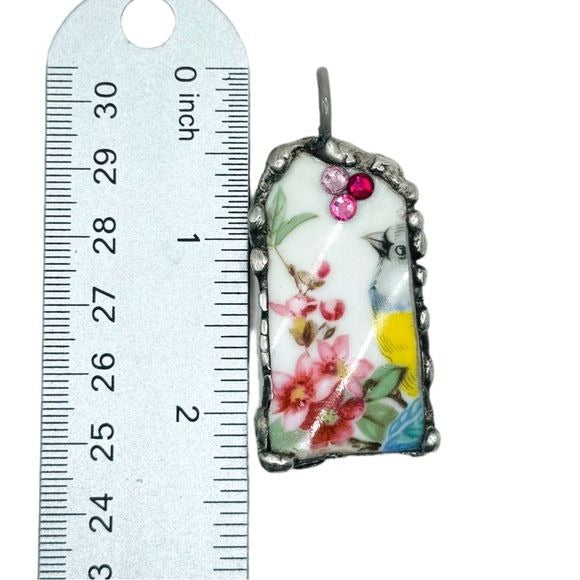 Broken China Pendant Gouldian Finch, Swarovski Crystals With Hand Solder